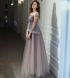 Purple tulle lace long prom dress purple evening dress HZ1023