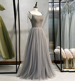 Gray tulle beads long prom gown evening dress HZ1023