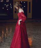 Burgundy lace long prom dress A line evening dress HZ1023