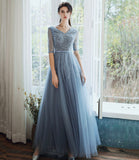 Blue tulle beads long prom dress A line evening gown HZ1023