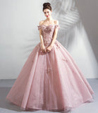 Pink tulle lace long prom dress A line evening gown HZ1023