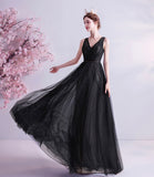 Black v neck tulle beads prom dress evening dress HZ1023