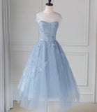 Blue tulle lace short A line prom dress party dress HZ1023