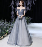 Grey tulle beads long prom dress shiny evening dress HZ1023