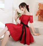 Red satin lace short prom dress red homecoming dress HZ1023