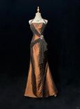 Brown Maillard Vintage Fashion Elegant Exquisite Beaded Strap Long Satin Floor Length Train Ball Gown Evening Dress Prom Dress HZ1023