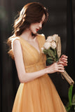 Yellow tulle tea length prom dress evening dress HZ1023