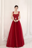 Burgundy tulle beads long prom dress evening dress HZ1023