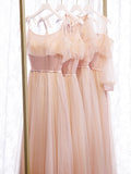 Pink tulle sequins long prom dress HZ1023