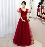 Burgundy tulle long A line prom dress evening gown HZ1023