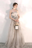 Champagne tulle sequins long A line prom dress HZ1023
