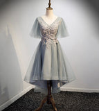 Gray tulle lace short prom dress high low evening dress HZ1023