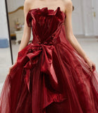 Burgundy tulle long prom dress A line evening dress HZ1023
