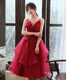 Burgundy v neck tulle sequins prom dress homecoming dress HZ1023