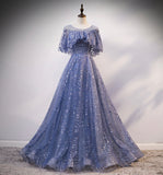 Blue tulle sequins long ball gown dress evening dress HZ1023