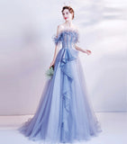 Blue tulle sequins long ball gown dress formal dress HZ1023