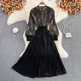 Black V Neck Lace A Line Dress Fashion Dress HZ1023