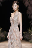 Champagne sequins long A line prom dress evening dress HZ1023