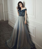 Blue velvet tulle long prom dress evening gown HZ1023