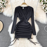 V-neck drawcord pleated sexy slim short Hip Wrap Dress HZ1023