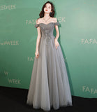 Gray tulle beads long prom dress gray evening dress HZ1023