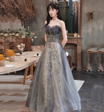 Cute tulle sequins long prom gown A line evening gown HZ1023