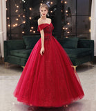 Burgundy tulle lace long prom dress A line evening gown HZ1023