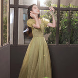 Green tulle beads long prom dress A line evening dress HZ1023