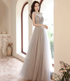 Cute tulle beads long prom dress A line evening gown HZ1023