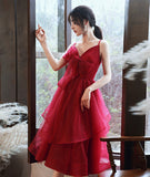 Burgundy v neck tulle sequins prom dress homecoming dress HZ1023