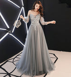 Gray tulle lace long A line prom dress evening dress HZ1023