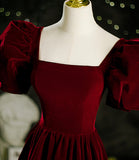 Burgundy velvet long A line prom dress evening dress HZ1023