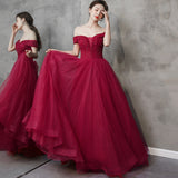 Burgundy tulle beads long prom dress A line evening dress HZ1023