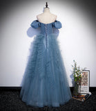 Blue satin tulle long prom dress blue evening dress HZ1023