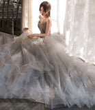 Gray tulle lace long prom dress A line evening gown HZ1023