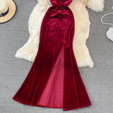 Sexy V Neck Velvet Long Dress Fashion Dress HZ1023