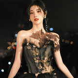 Black tulle long ball gown dress A line evening gown HZ1023