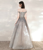 Gray tulle sequins long prom dress with star HZ1023