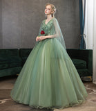 Green tulle lace long prom dress A line evening gown HZ1023