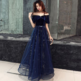 Blue velvet tulle prom dress A line evening dress HZ1023