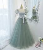 Green satin tulle long prom dress A line evening dress HZ1023