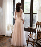Pink Elegant Fashion A-line Lace Long sleeves Long Tulle Ball Gown Evening Gown Bridesmaid Dress HZ1023