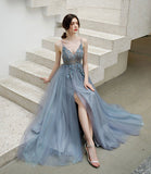 Gray tulle beads long prom dress A line evening dress HZ1023