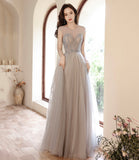 Cute tulle beads long prom dress A line evening gown HZ1023