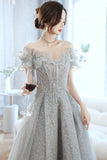 Gray tulle beads long prom dress gray evening gown HZ1023
