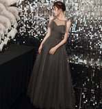 Gray tulle long A line prom dress evening dress HZ1023