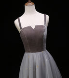 Gray velvet tulle prom dress evening dress HZ1023