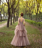 Stylish tulle beads long prom dress A line evening dress HZ1023