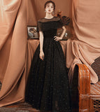 Black A line tulle long prom dress black evening dress HZ1023