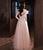 Pink tulle beads long prom dress A line evening dress HZ1023